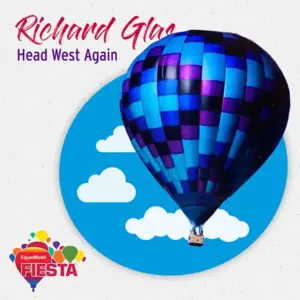 A colorful hot air balloon floats in the sky illustration, promoting ExxonMobil Fiesta with the text