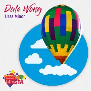 A colorful hot air balloon floats against a blue sky with clouds. Text reads