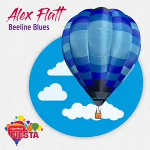 Blue hot air balloon against a sky backdrop with clouds. Text: