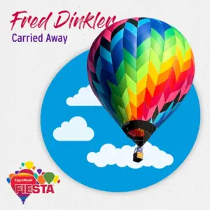 A colorful hot air balloon floats against a blue sky with clouds, featuring text: