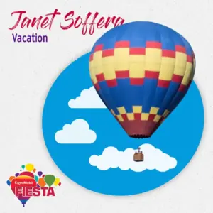 A colorful hot air balloon with red, yellow, and blue patterns floats among clouds. Displays ExxonMobil Fiesta logo and text overlays.