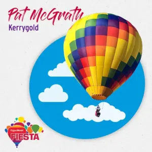 A colorful hot air balloon floats above clouds, with event logos and text. Bright, vibrant design on a circular blue background.