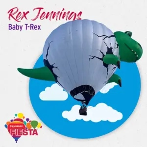 A dinosaur-shaped hot air balloon against a sky backdrop labeled