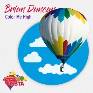 A colorful hot air balloon floats against a sky backdrop with clouds, part of an ExxonMobil Fiesta event. Bright, vibrant design elements.