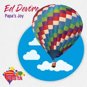 A colorful hot air balloon floats with clouds in the background.