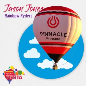 A Pinnacle Propane hot air balloon floats against a blue sky with clouds graphic, part of the ExxonMobil Fiesta event.