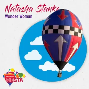 Colorful hot air balloon with arrow patterns against a sky backdrop. Text mentions