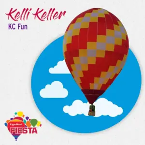 A red and yellow hot air balloon floats against a blue sky with clouds, promoting ExxonMobil Fiesta with colorful graphics and text.