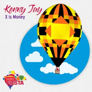 A colorful hot air balloon with geometric pattern floats in a blue sky with clouds. Text reads: