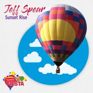 A colorful hot air balloon floats above clouds with