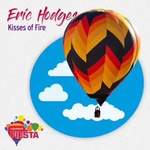 A colorful hot air balloon with chevron patterns against a blue sky background, promoting the ExxonMobil Fiesta event with festive graphics.