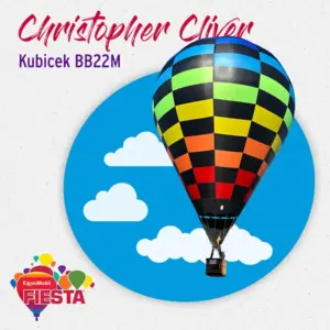 A colorful checkered hot air balloon floats against a blue sky with clouds, part of the ExxonMobil Fiesta event artwork.