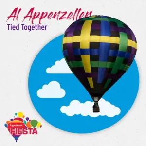 A colorful hot air balloon floats against a cartoon sky. Text reads