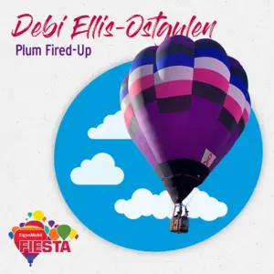 A hot air balloon with purple, pink, and black stripes is floating against a sky with clouds in a promotional graphic.