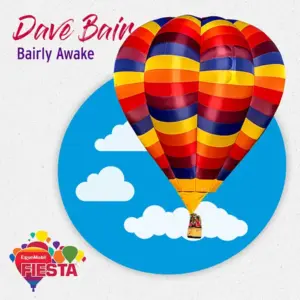 A colorful hot air balloon flies against a blue sky in promotional art for the ExxonMobil Fiesta event.