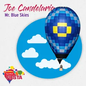 A colorful hot air balloon with a blue and yellow pattern floats against a cartoon sky backdrop. Contains text and event logo.