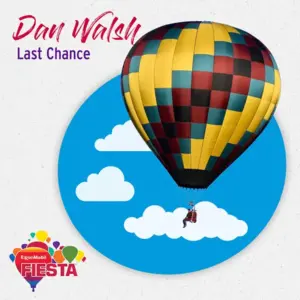 Colorful hot air balloon with checkerboard pattern floating in clear skies. Fiesta logo below. Text reads
