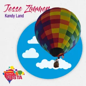 A colorful hot air balloon floats on a blue background with clouds.