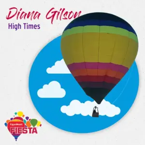 A colorful hot air balloon floats against a blue sky with clouds, promoting the ExxonMobil Fiesta.