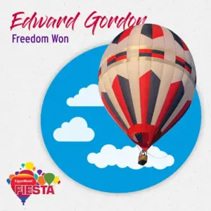 A colorful hot air balloon floats in a sky illustration.