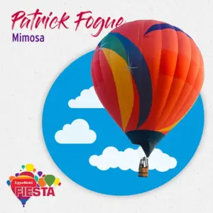 A colorful hot air balloon with vibrant patterns floats against a background of clouds and blue sky, featuring