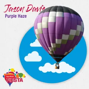 A purple hot air balloon floats in the sky with clouds.