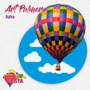 A colorful hot air balloon floats against a cartoon sky with clouds, promoting the ExxonMobil Fiesta event. Bold text reads