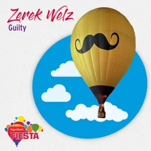 A hot air balloon with a mustache design floats against a blue sky with clouds. Text and colorful logos are visible.