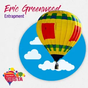 Yellow hot air balloon with colorful patterns against a blue sky with clouds illustration.