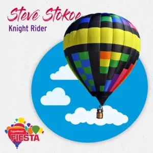 A colorful hot air balloon with a multicolored checkered design is floating against a sky backdrop, promoting ExxonMobil Fiesta event.