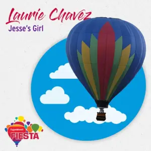 A colorful hot air balloon floats against a blue sky with clouds. The image promotes the ExxonMobil Fiesta event with festive graphics.