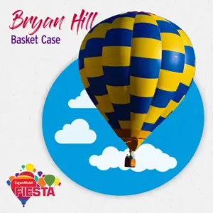 A vibrant blue and yellow hot air balloon floats against a sky backdrop, promoting the ExxonMobil Fiesta event.