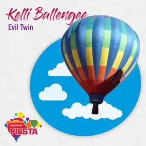 A colorful hot air balloon soars against a blue sky with clouds, promoting the ExxonMobil Fiesta event.