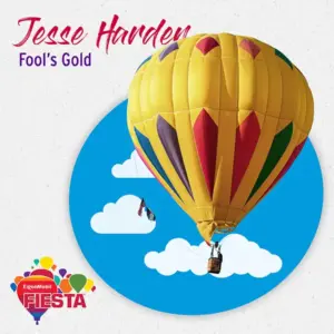 Bright hot air balloon with colorful panels in a blue sky, surrounded by clouds, promoting the ExxonMobil Fiesta event with festive theme.