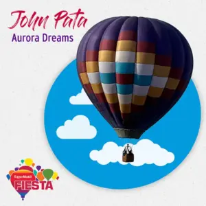 Colorful hot air balloon flying over clouds with