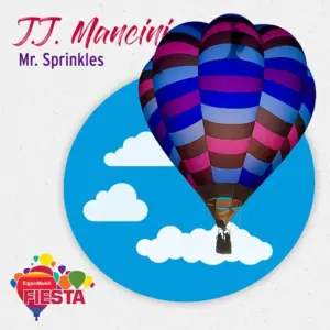 A colorful hot air balloon floats with a person inside. The image promotes the ExxonMobil Fiesta event against a cloudy, blue sky background.