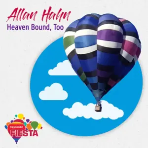 Colorful hot air balloon floats against a blue sky with clouds, featuring