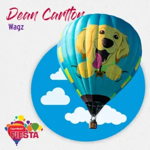 A colorful hot air balloon featuring a cartoon dog design, set against a blue sky with white clouds. Text reads