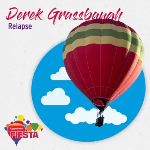 A red hot air balloon floats against a blue sky with clouds.