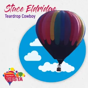 A colorful hot air balloon floats against a blue sky with clouds. The text references Stace Eldridge,