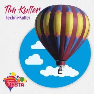 A striped hot air balloon floats against a blue sky with clouds.