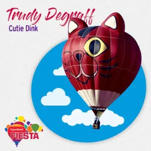 A hot air balloon shaped like a cartoon cat against a blue sky with clouds, promoting ExxonMobil Fiesta, labeled