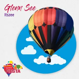 A colorful hot air balloon floats with clouds in the background. Text and logos are displayed, associated with the ExxonMobil Fiesta event.