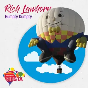 Humpty Dumpty shaped hot air balloon appears against a blue sky backdrop with clouds. ExxonMobil Fiesta logo featured in the bottom corner.