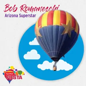 Colorful hot air balloon with red and yellow star design against a blue sky. Text reads