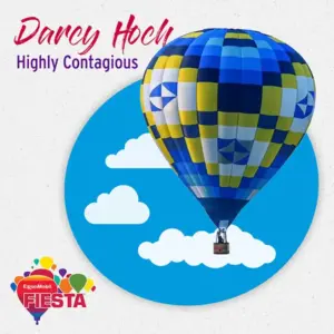 Colorful hot air balloon with geometric pattern floats against a blue sky background. Text reads