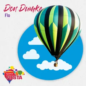 A vibrant hot air balloon with green and black stripes floats against a blue sky with white clouds. ExxonMobil Fiesta logo included.