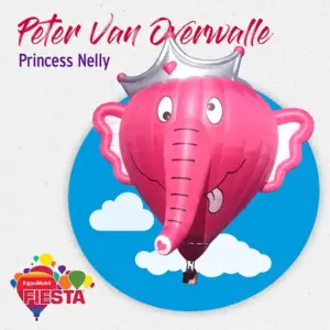 Colorful hot air balloon shaped like a pink elephant with a crown. Text reads