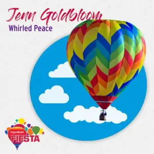 Colorful hot air balloon with chevron pattern against a cloudy sky illustration.