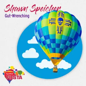 A colorful hot air balloon with skull and wrench design floats against sky. Text includes